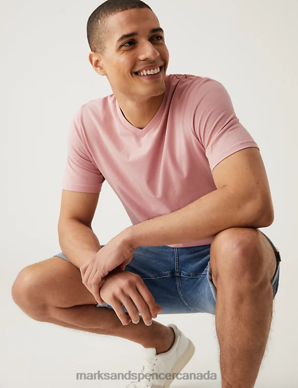 Men Pink Shell Clothing Marks & Spencer Pure Cotton V-Neck T-Shirt 20VTD5207 - Marks and Spencer online