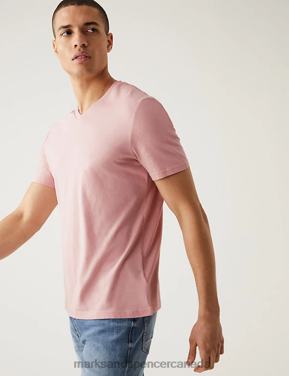 Men Pink Shell Clothing Marks & Spencer Pure Cotton V-Neck T-Shirt 20VTD5207 - Marks and Spencer online