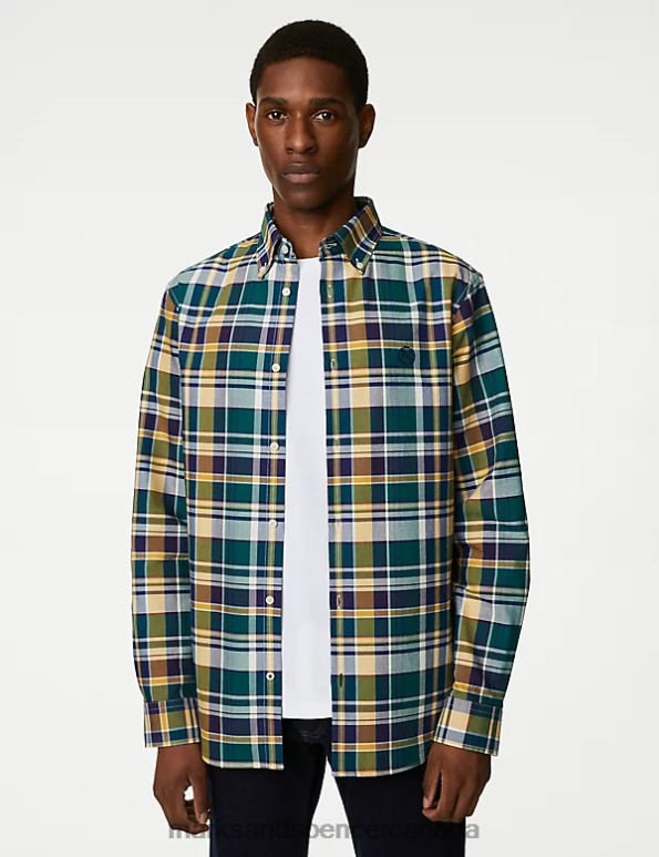 Men Purple Mix Clothing Marks & Spencer Pure Cotton Check Oxford Shirt 20VTD5268 - Marks and Spencer outlet