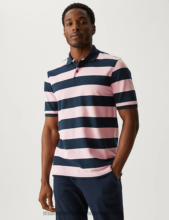 Marks and Spencer Canada - Men Rose Pink Clothing Marks & Spencer Pure Cotton Striped Polo Shirt 20VTD5613