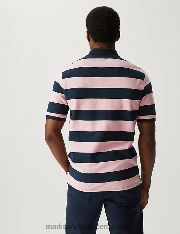 Marks and Spencer Canada - Men Rose Pink Clothing Marks & Spencer Pure Cotton Striped Polo Shirt 20VTD5613