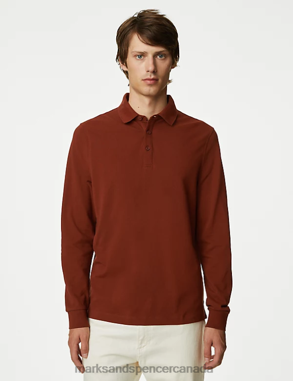 Marks and Spencer sale - Men Rust Mix Clothing Marks & Spencer 2pk Pure Cotton Long Sleeve Polo Shirts 20VTD5083
