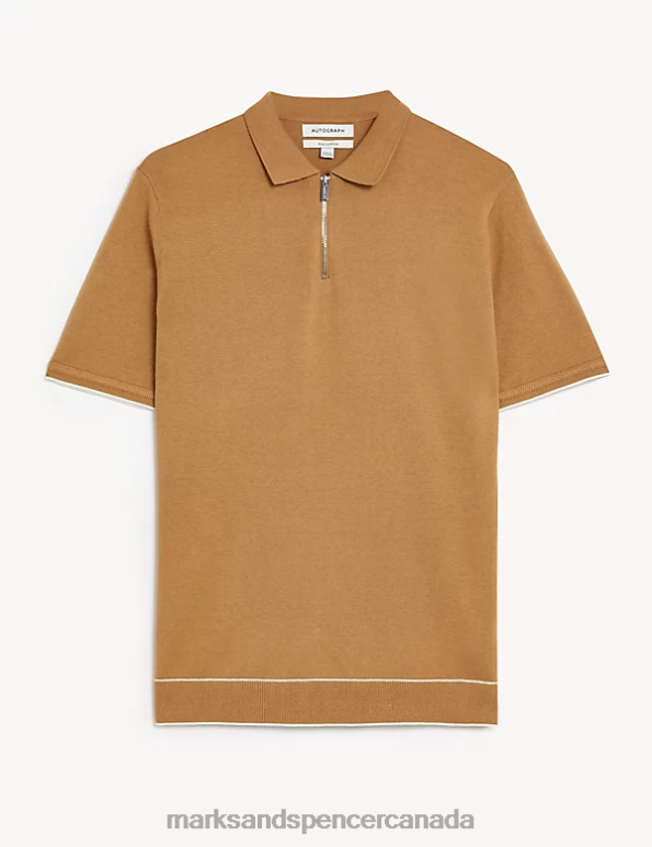 Marks and Spencer sale - Men Soft Bronze Clothing Marks & Spencer Silk Cotton Zip Neck Knitted Polo Shirt 20VTD6105