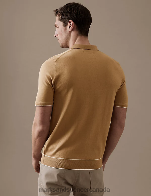Marks and Spencer sale - Men Soft Bronze Clothing Marks & Spencer Silk Cotton Zip Neck Knitted Polo Shirt 20VTD6105