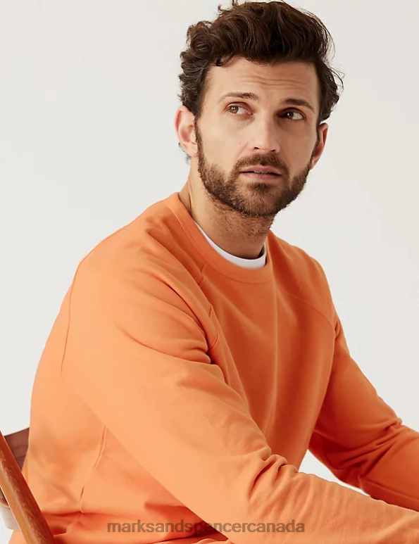 Marks and Spencer Canada - Men Soft Orange Clothing Marks & Spencer Pure Cotton Raglan Crew Neck Sweatshirt 20VTD7531