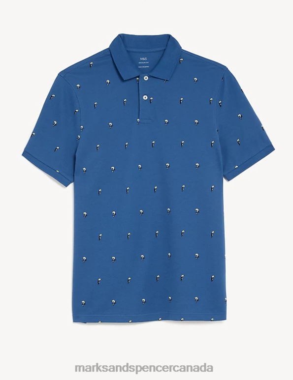 Marks and Spencer sale - Men Steel Blue Clothing Marks & Spencer Pure Cotton Cactus Print Polo Shirt 20VTD6764