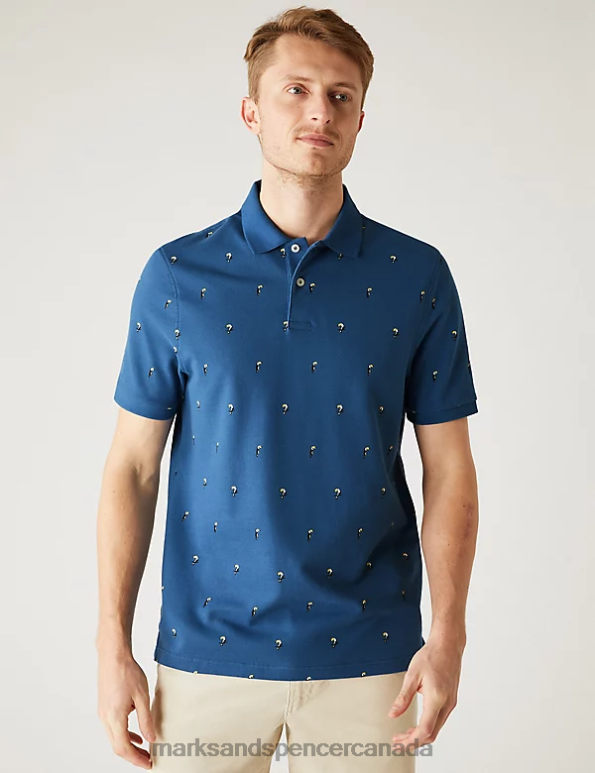 Marks and Spencer sale - Men Steel Blue Clothing Marks & Spencer Pure Cotton Cactus Print Polo Shirt 20VTD6764