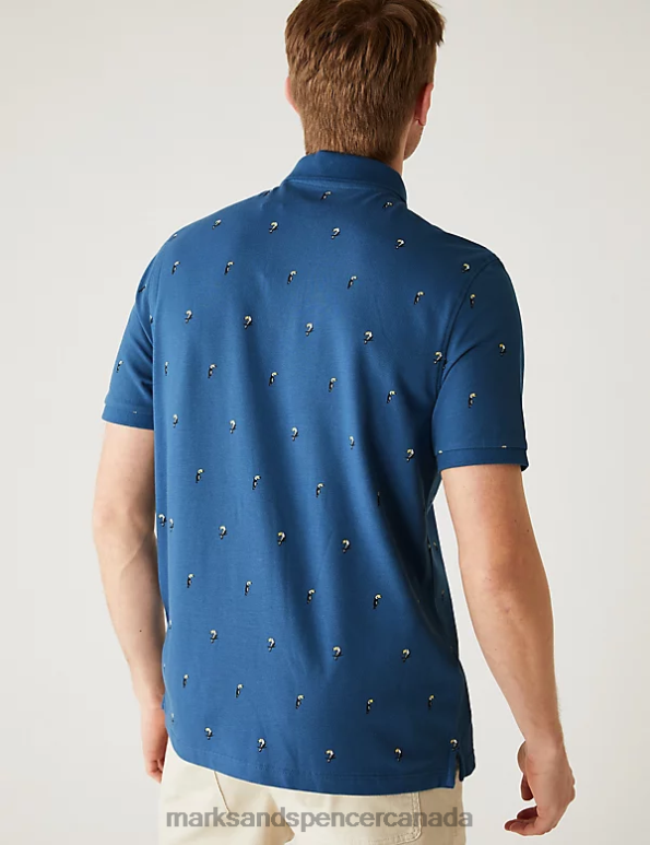 Marks and Spencer sale - Men Steel Blue Clothing Marks & Spencer Pure Cotton Cactus Print Polo Shirt 20VTD6764