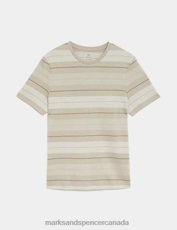 Marks and Spencer Canada - Men Stone Clothing Marks & Spencer Pure Cotton Double Knit Striped T-Shirt 20VTD5989