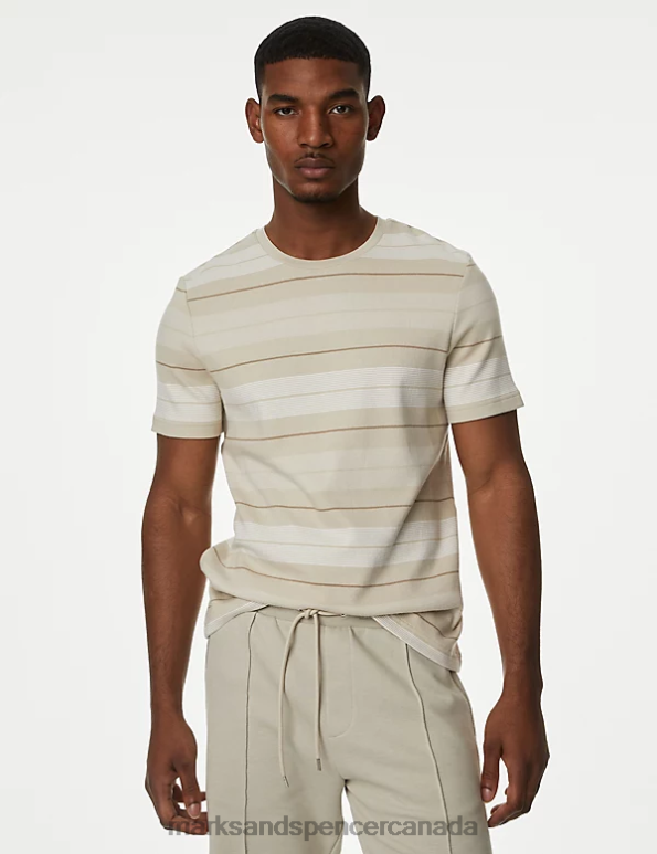 Marks and Spencer Canada - Men Stone Clothing Marks & Spencer Pure Cotton Double Knit Striped T-Shirt 20VTD5989