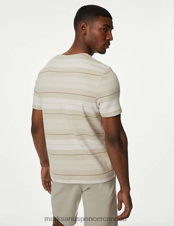 Marks and Spencer Canada - Men Stone Clothing Marks & Spencer Pure Cotton Double Knit Striped T-Shirt 20VTD5989