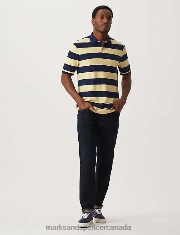 Men Yellow Clothing Marks & Spencer Pure Cotton Striped Polo Shirt 20VTD5612 - Marks and Spencer outlet