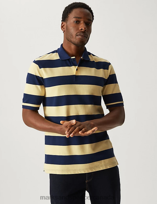 Men Yellow Clothing Marks & Spencer Pure Cotton Striped Polo Shirt 20VTD5612 - Marks and Spencer outlet