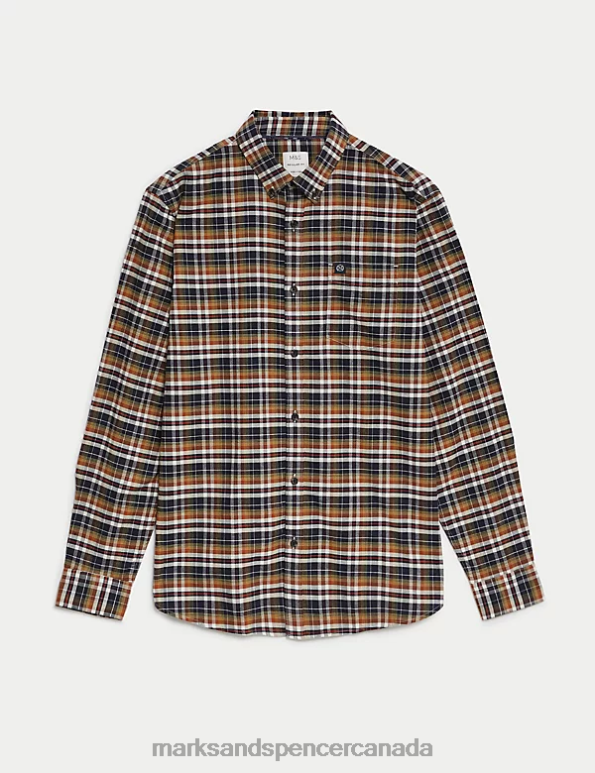 Men Yellow Mix Clothing Marks & Spencer Easy Iron Pure Cotton Check Oxford Shirt 20VTD4763 - Marks and Spencer Canada locations