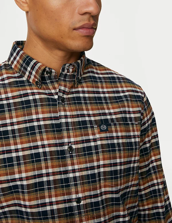 Men Yellow Mix Clothing Marks & Spencer Easy Iron Pure Cotton Check Oxford Shirt 20VTD4763 - Marks and Spencer Canada locations