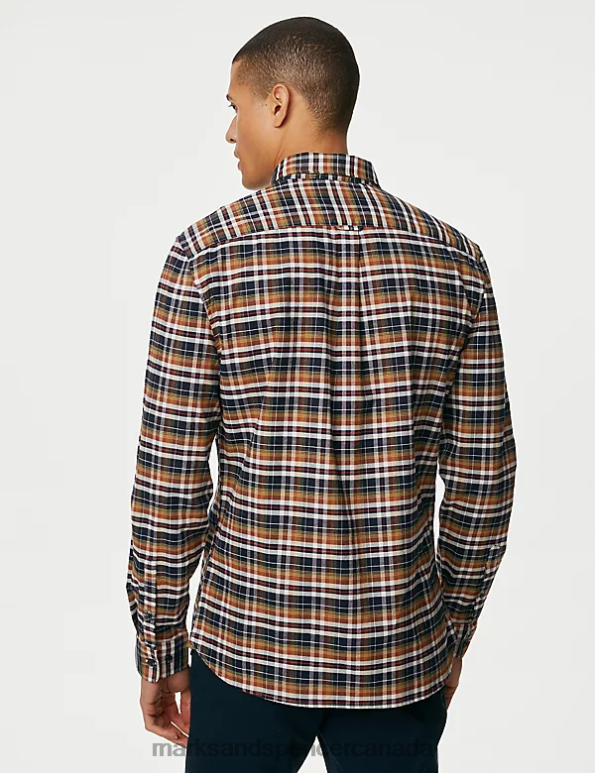 Men Yellow Mix Clothing Marks & Spencer Easy Iron Pure Cotton Check Oxford Shirt 20VTD4763 - Marks and Spencer Canada locations