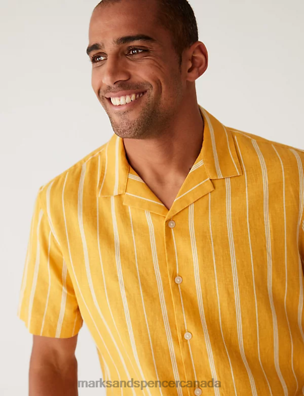 Men Yellow Mix Clothing Marks & Spencer Linen Blend Striped Cuban Collar Shirt 20VTD6875 - Marks and Spencer outlet