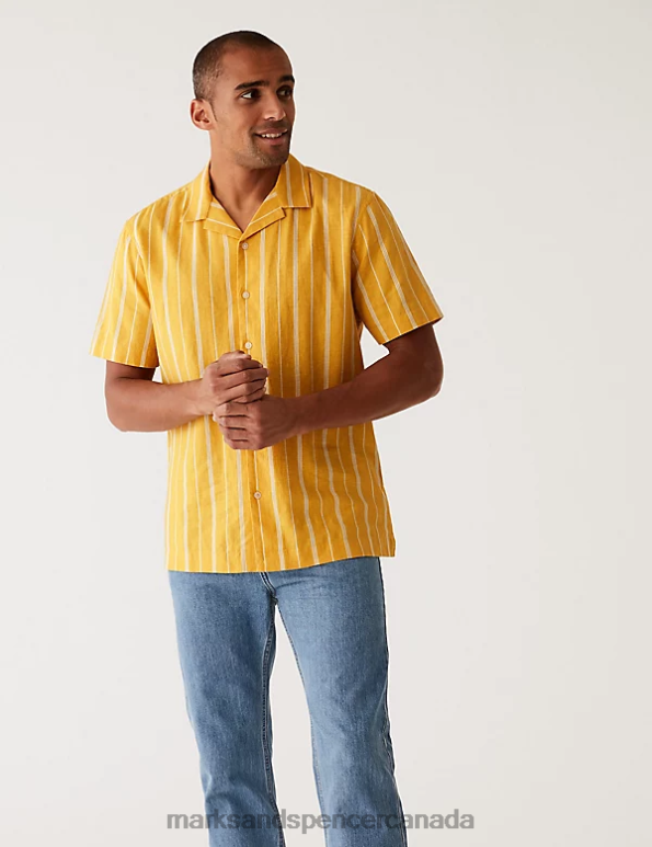 Men Yellow Mix Clothing Marks & Spencer Linen Blend Striped Cuban Collar Shirt 20VTD6875 - Marks and Spencer outlet