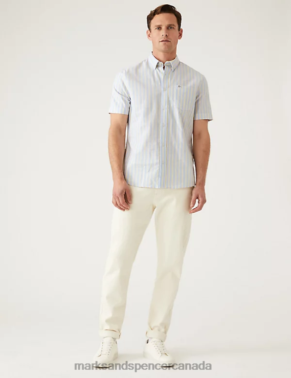 Men Yellow Mix Clothing Marks & Spencer Pure Cotton Striped Oxford Shirt 20VTD5189 - Marks and Spencer outlet