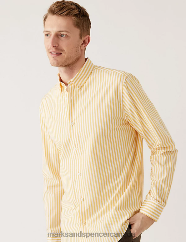 Men Yellow Mix Clothing Marks & Spencer Pure Cotton Striped Shirt 20VTD6741 - Marks and Spencer online