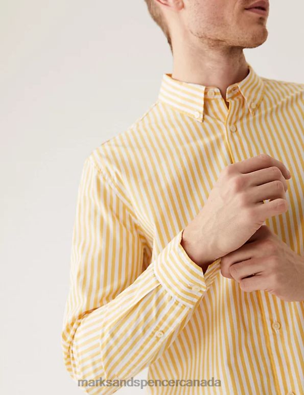 Men Yellow Mix Clothing Marks & Spencer Pure Cotton Striped Shirt 20VTD6741 - Marks and Spencer online