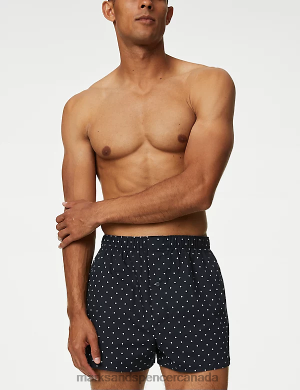 Men Dark Blue Clothing Marks & Spencer 3pk Pure Cotton Polka Dot Woven Boxers 20VTD5015 - Marks and Spencer Canada locations