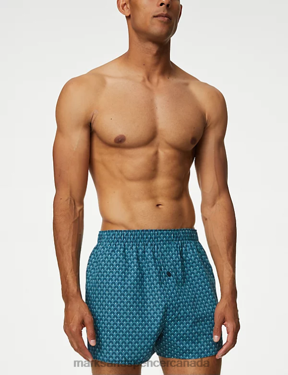 Men Medium Turquoise Clothing Marks & Spencer 3pk Pure Cotton Fan Print Woven Boxers 20VTD4832 - Marks and Spencer outlet