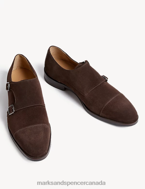 Men Dark Brown Footwear Marks & Spencer Suede Monk Strap Shoes 20VTD6255 - Marks and Spencer Canada locations