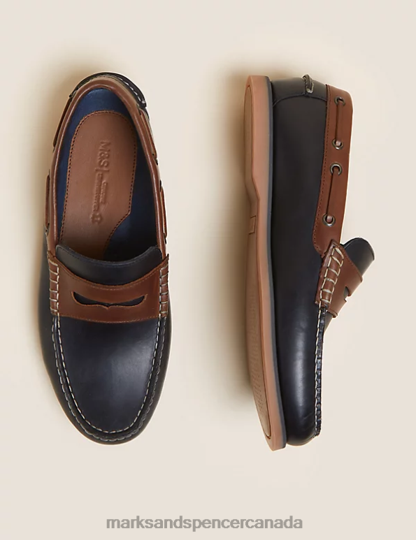 Marks and Spencer sale - Men Navy Mix Footwear Marks & Spencer Leather Slip-On Boat Shoes 20VTD6573
