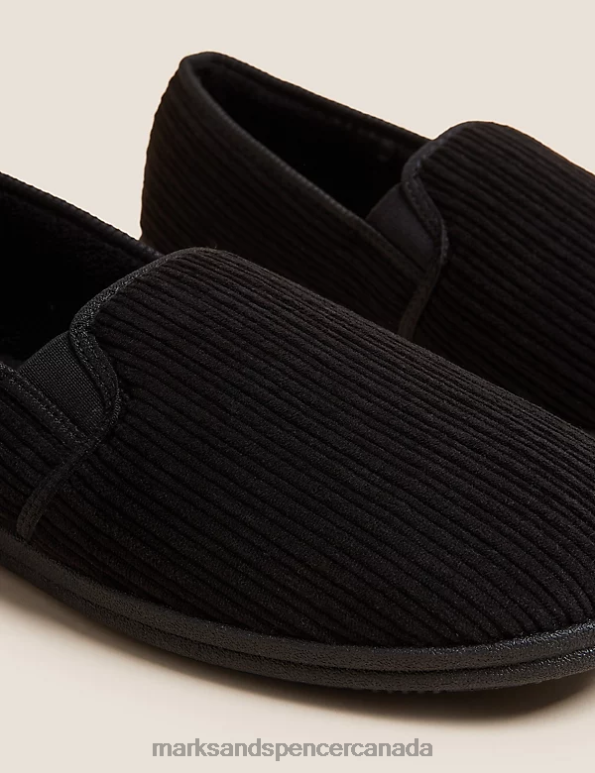 Men Black Footwear Marks & Spencer Corduroy Slippers with Freshfeet 20VTD6383 - Marks and Spencer outlet