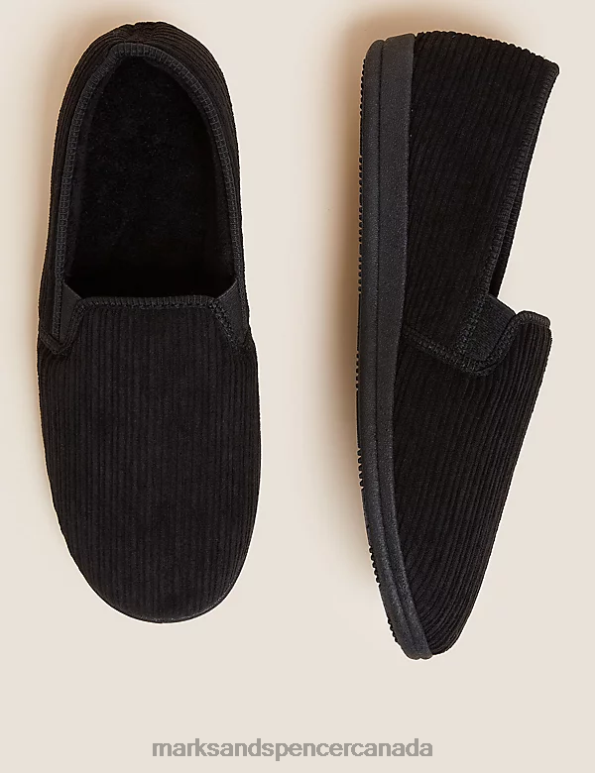 Men Black Footwear Marks & Spencer Corduroy Slippers with Freshfeet 20VTD6383 - Marks and Spencer outlet