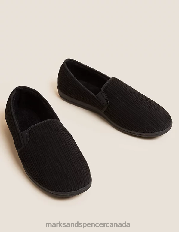 Men Black Footwear Marks & Spencer Corduroy Slippers with Freshfeet 20VTD6383 - Marks and Spencer outlet