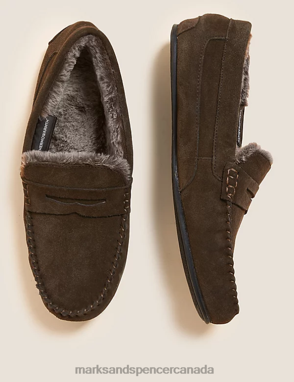 Men Dark Brown Footwear Marks & Spencer Suede Slippers with Freshfeet 20VTD7057 - Marks and Spencer online