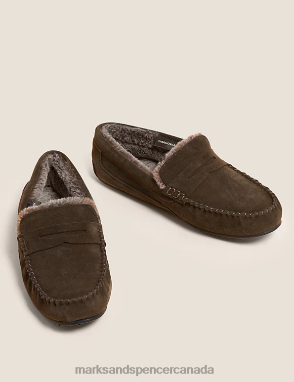 Men Dark Brown Footwear Marks & Spencer Suede Slippers with Freshfeet 20VTD7057 - Marks and Spencer online