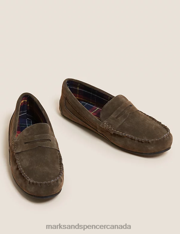 Men Dark Brown Footwear Marks & Spencer Suede Slippers with Freshfeet 20VTD7348 - Marks and Spencer Canada locations
