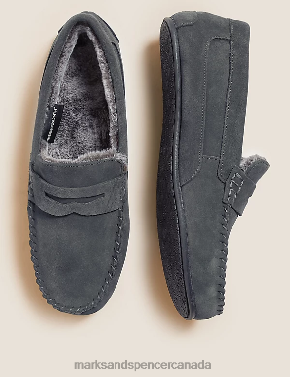 Men Med Blue Denim Footwear Marks & Spencer Suede Slippers with Freshfeet 20VTD6681 - Marks and Spencer Canada locations