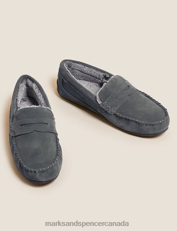Men Med Blue Denim Footwear Marks & Spencer Suede Slippers with Freshfeet 20VTD6681 - Marks and Spencer Canada locations