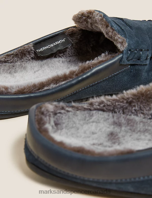 Men Navy Footwear Marks & Spencer Suede Fleece Lined Mule Moccasins 20VTD7099 - Marks and Spencer Canada locations