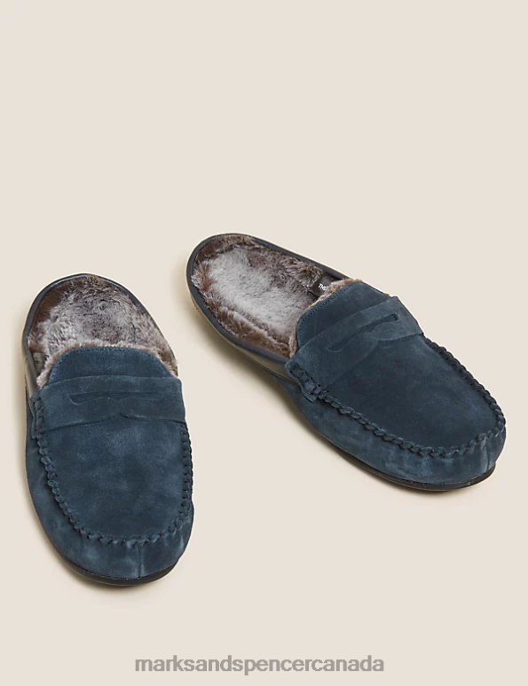 Men Navy Footwear Marks & Spencer Suede Fleece Lined Mule Moccasins 20VTD7099 - Marks and Spencer Canada locations