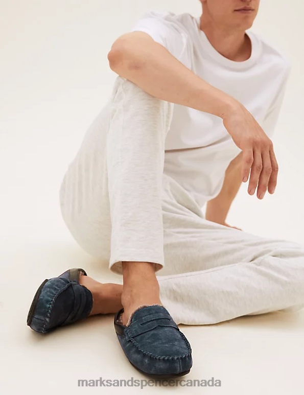 Men Navy Footwear Marks & Spencer Suede Fleece Lined Mule Moccasins 20VTD7099 - Marks and Spencer Canada locations