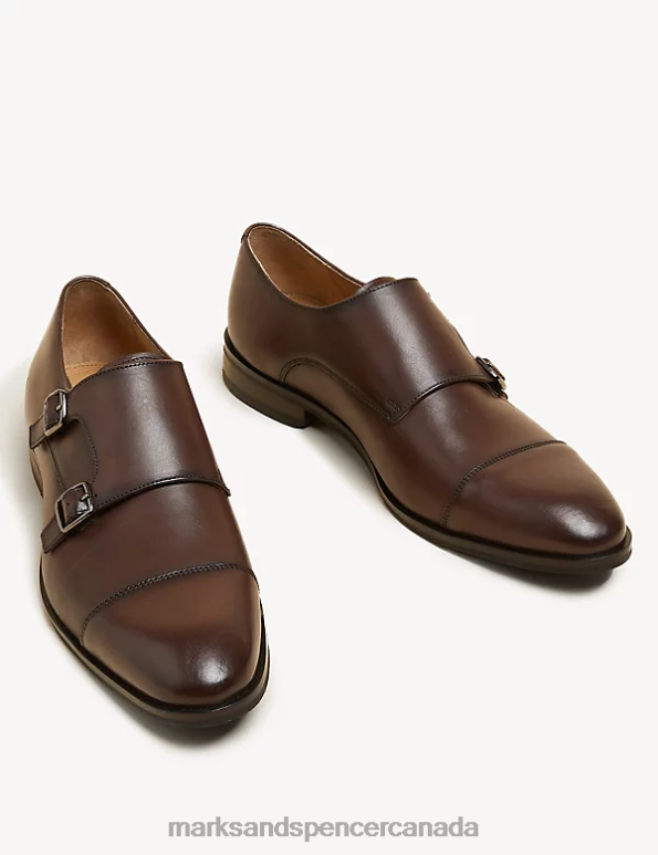 Men Brown Footwear Marks & Spencer Leather Double Monk Strap Shoes 20VTD6935 - Marks and Spencer outlet