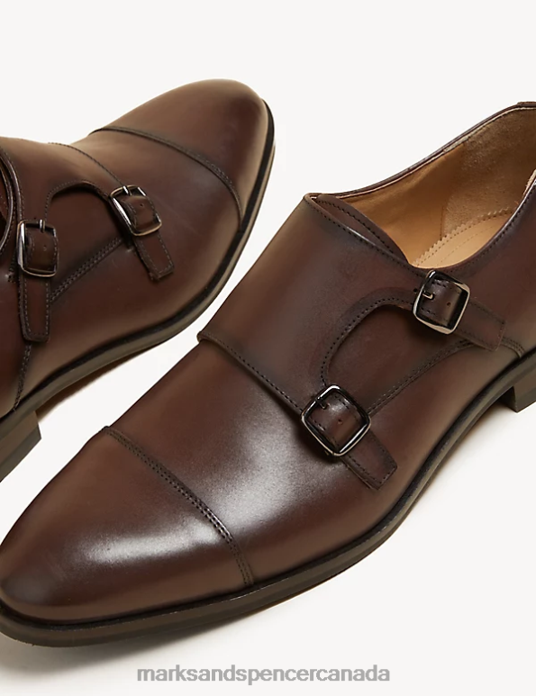 Men Brown Footwear Marks & Spencer Leather Double Monk Strap Shoes 20VTD6935 - Marks and Spencer outlet