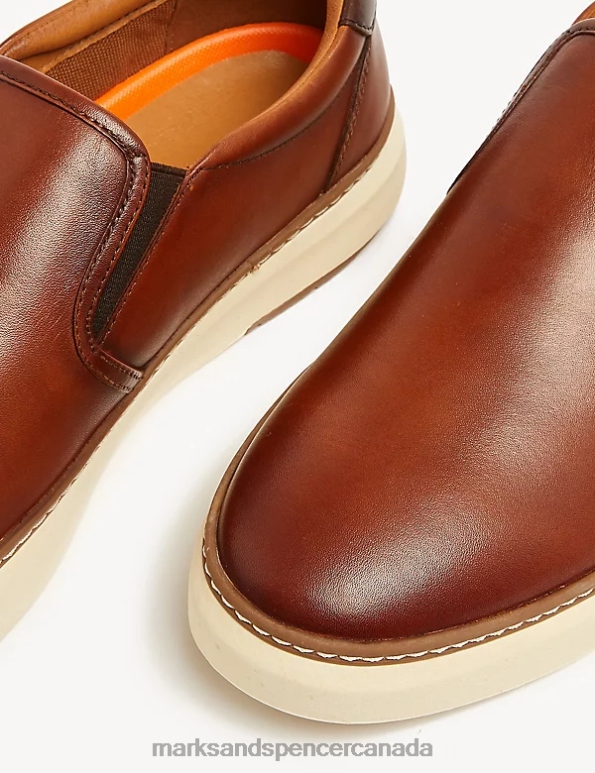 Men Tan Footwear Marks & Spencer Airflex Leather Slip-On Trainers 20VTD6835 - Marks and Spencer outlet