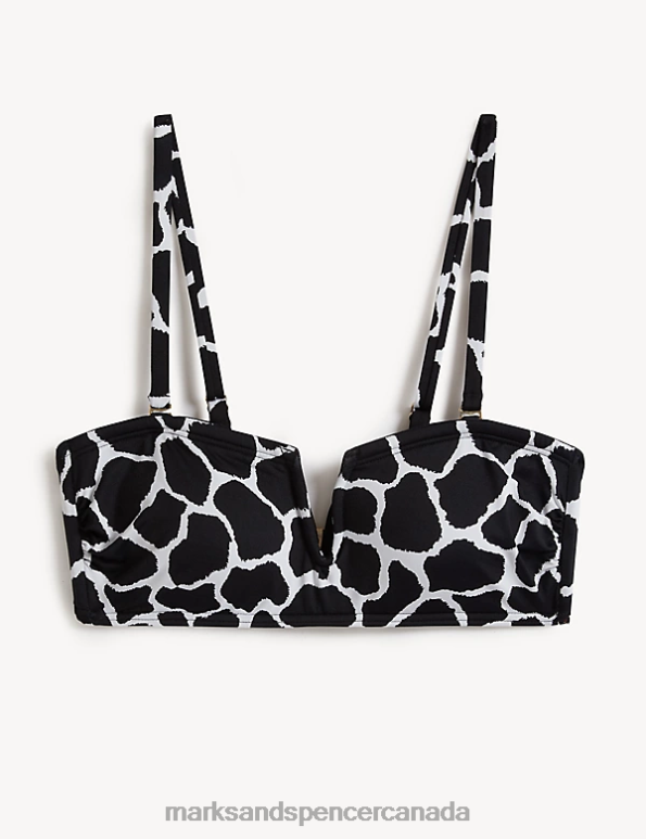 Marks and Spencer near me - Women Black Mix Clothing Marks & Spencer Printed Padded V-Neck Bandeau Bikini Top 20VTD3047