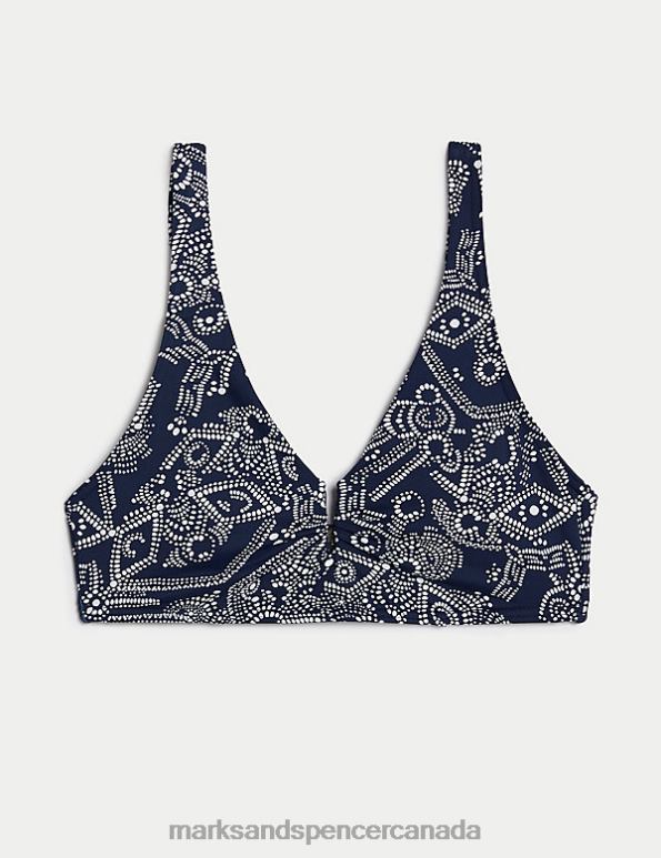 Women Navy Mix Clothing Marks & Spencer Printed U-Wire V-Neck Bikini Top 20VTD177 - Marks and Spencer Canada locations