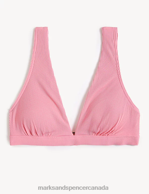 Women Petal Pink Clothing Marks & Spencer Ribbed Padded Plunge V-Neck Bikini Top 20VTD2217 - Marks and Spencer outlet