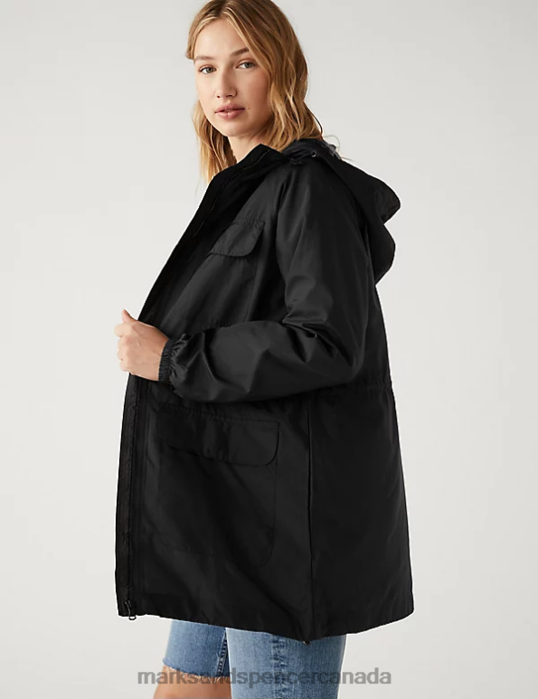 Marks and Spencer sale - Women Black Clothing Marks & Spencer Recycled Showerproof Hooded Packaway Raincoat 20VTD2239