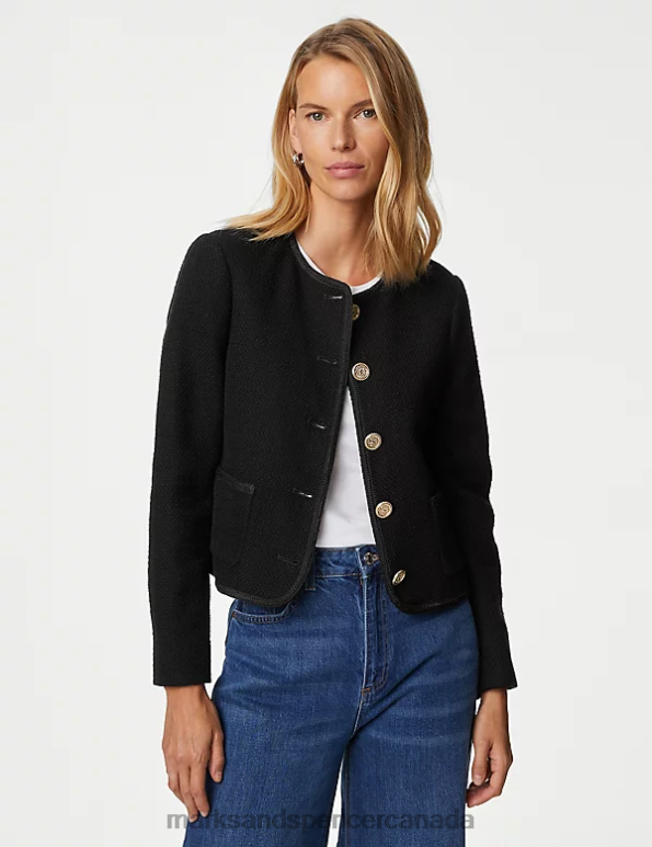 Marks and Spencer near me - Women Black Clothing Marks & Spencer Tweed Relaxed Collarless Short Jacket 20VTD452