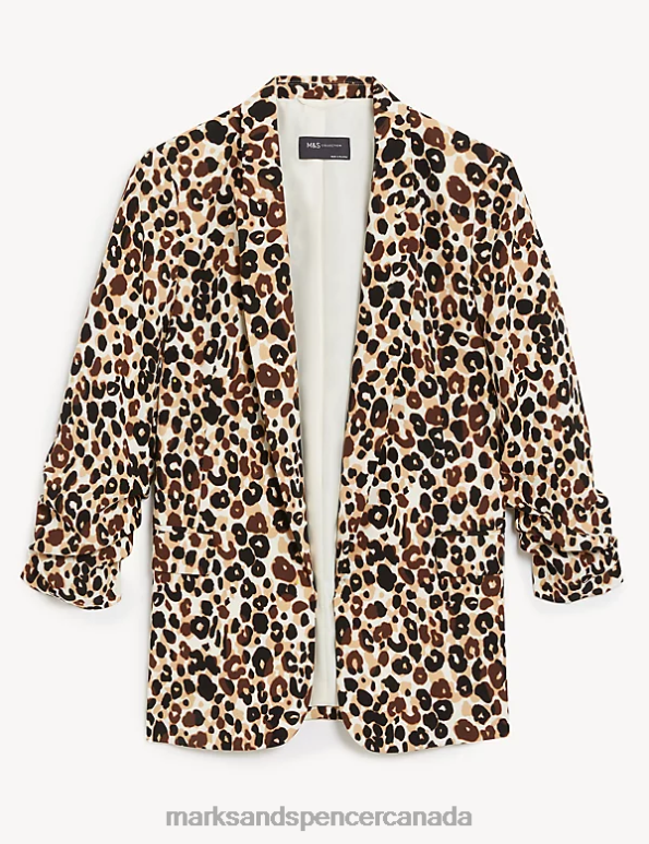 Women Brown Mix Clothing Marks & Spencer Relaxed Animal Print Ruched Sleeve Blazer 20VTD425 - Marks and Spencer outlet