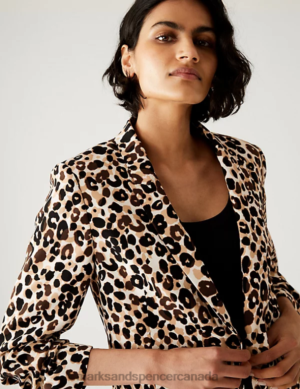 Women Brown Mix Clothing Marks & Spencer Relaxed Animal Print Ruched Sleeve Blazer 20VTD425 - Marks and Spencer outlet